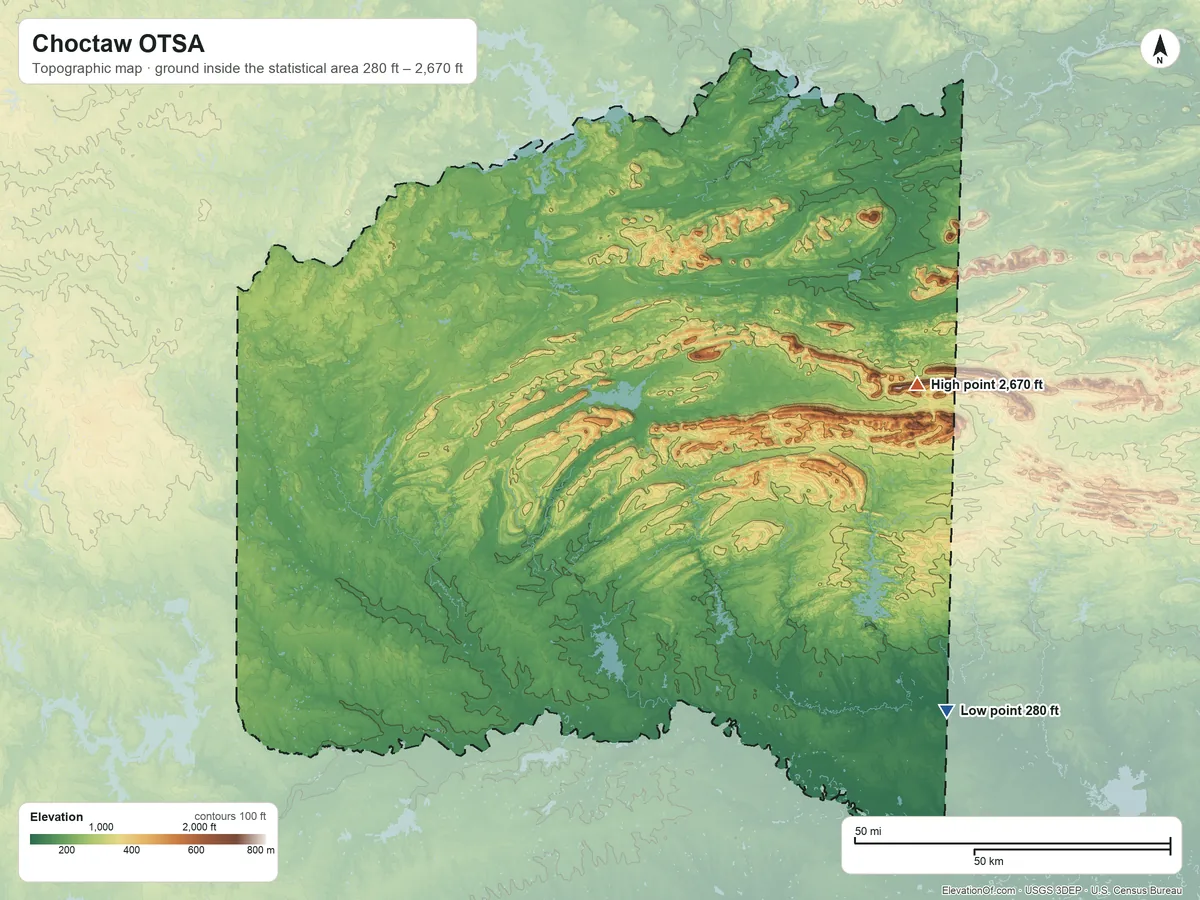 Topographic elevation map of Choctaw OTSA, Oklahoma, shaded from 280 ft on the southeast side to 2,670 ft on the east side