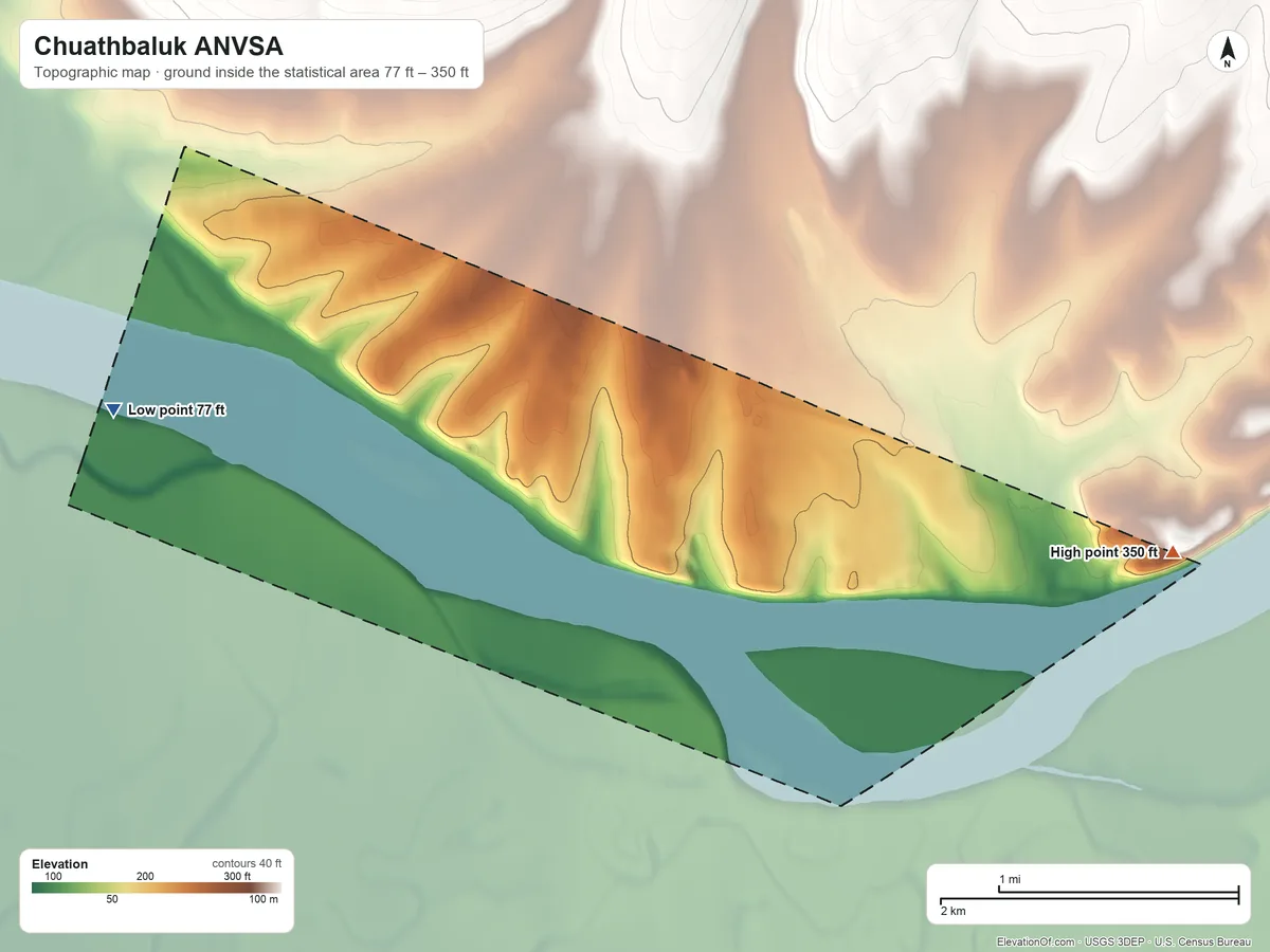 Topographic elevation map of Chuathbaluk ANVSA, Alaska, shaded from 77 ft on the west side to 350 ft on the east side