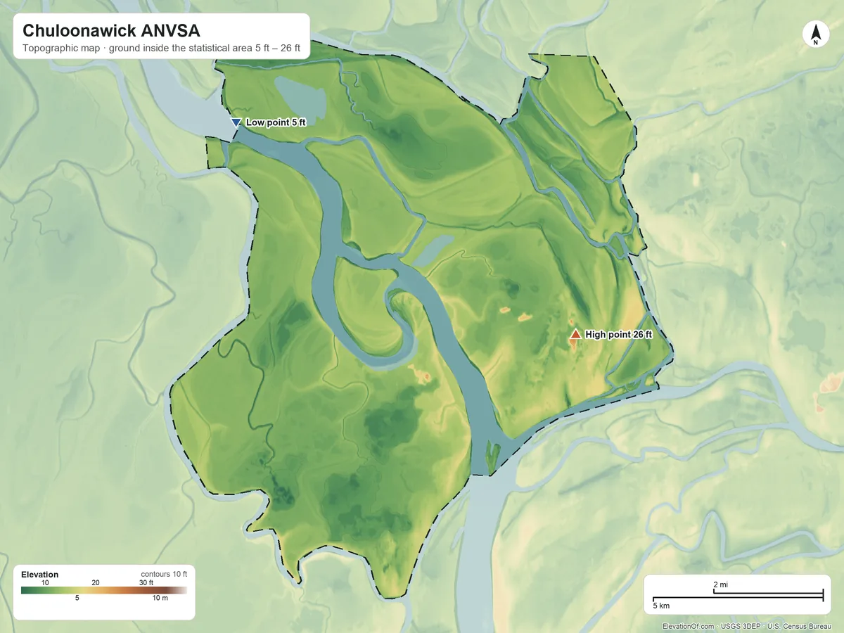 Topographic elevation map of Chuloonawick ANVSA, Alaska, shaded from 5 ft on the northwest side to 26 ft on the east side