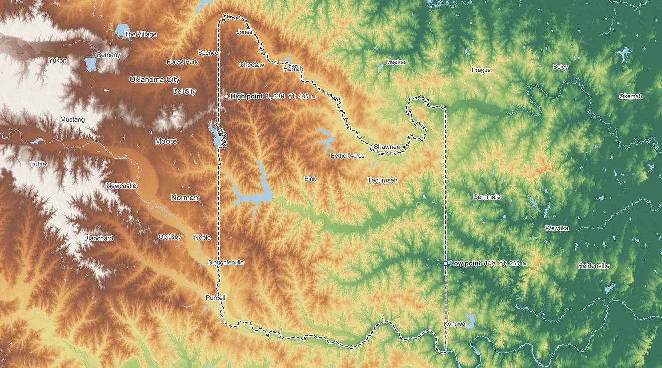 Topographic elevation map of Citizen Potawatomi Nation-Absentee Shawnee OTSA, Oklahoma, shaded from 840 ft on the southeast side to 1,330 ft on the northwest side