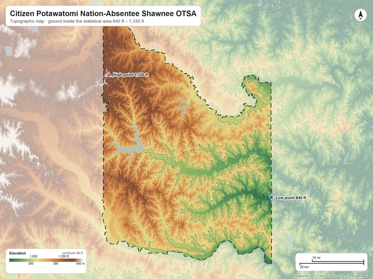 Topographic elevation map of Citizen Potawatomi Nation-Absentee Shawnee OTSA, Oklahoma, shaded from 840 ft on the southeast side to 1,330 ft on the northwest side