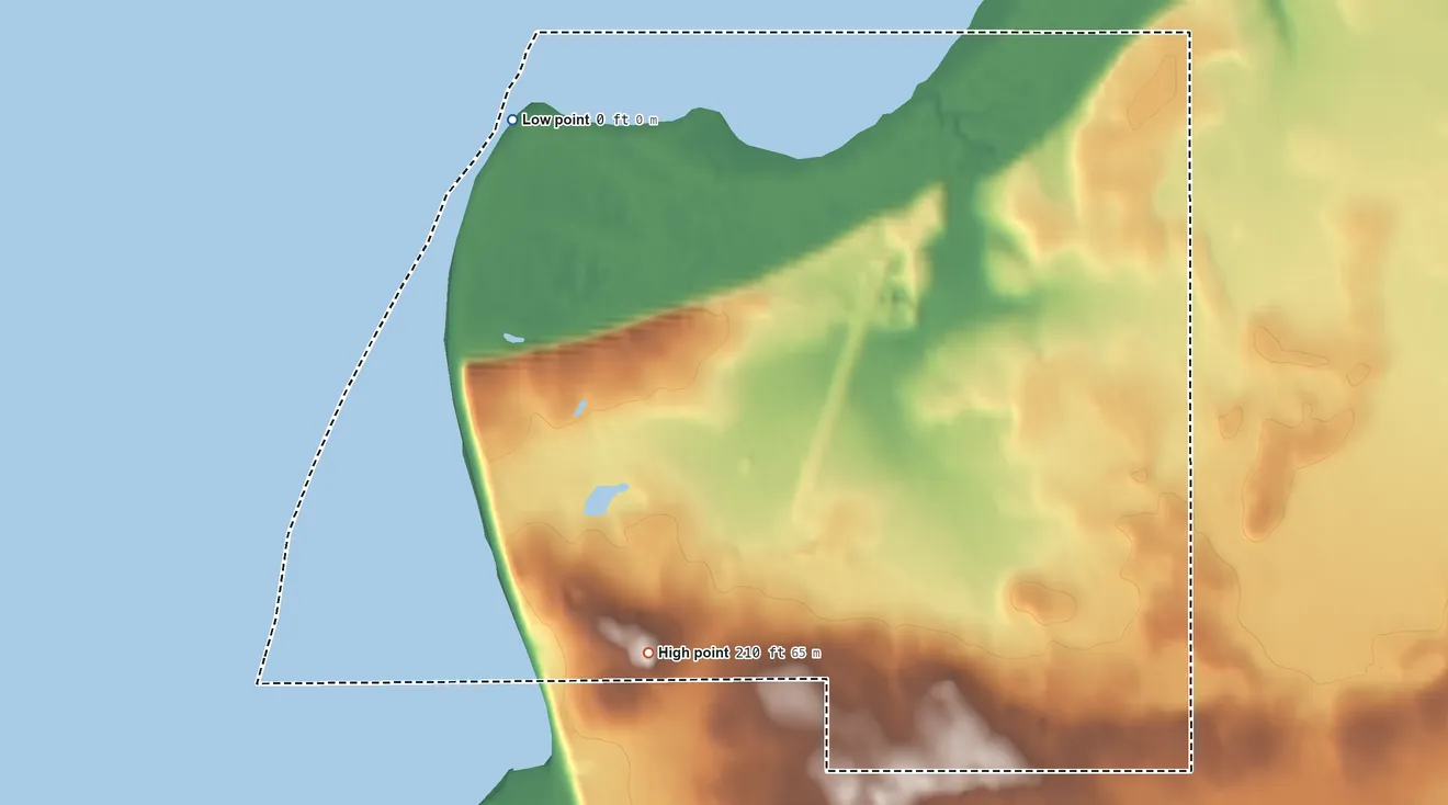 Topographic elevation map of Clarks Point ANVSA, Alaska, shaded from sea level on Nushagak Bay to 210 ft on the south side