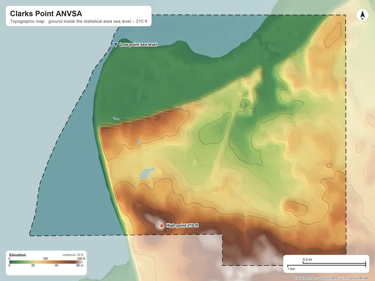 Topographic elevation map of Clarks Point ANVSA, Alaska, shaded from sea level on Nushagak Bay to 210 ft on the south side