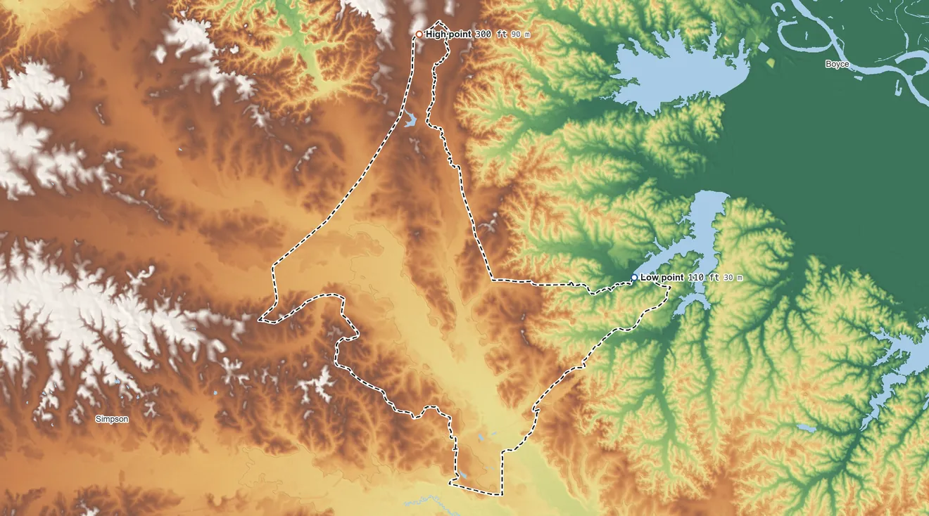 Topographic elevation map of Clifton Choctaw SDTSA, Louisiana, shaded from 110 ft on the east side to 300 ft on the north side