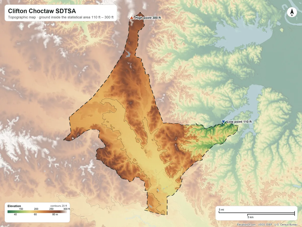 Topographic elevation map of Clifton Choctaw SDTSA, Louisiana, shaded from 110 ft on the east side to 300 ft on the north side