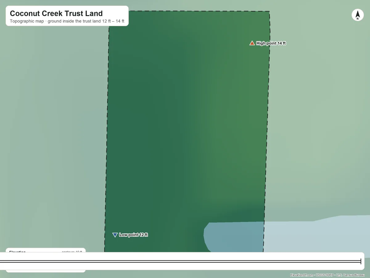 Topographic elevation map of Coconut Creek Trust Land, Florida, shaded from 12 ft on the southwest side to 14 ft on the northeast side