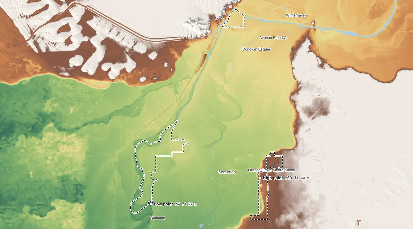 Topographic elevation map of Cocopah Reservation, Arizona, shaded from 77 ft on the southwest side to 200 ft on the southeast side