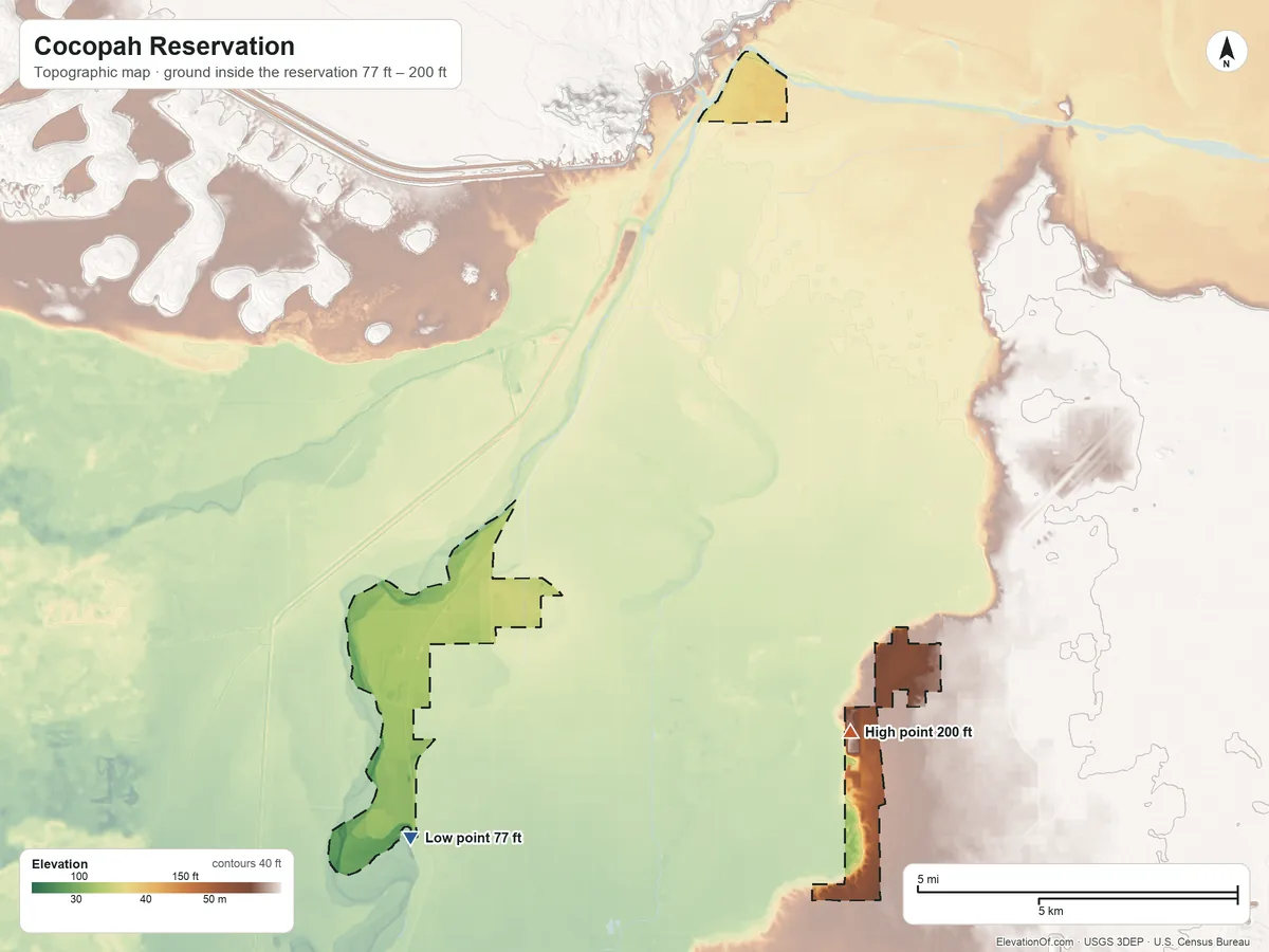 Topographic elevation map of Cocopah Reservation, Arizona, shaded from 77 ft on the southwest side to 200 ft on the southeast side