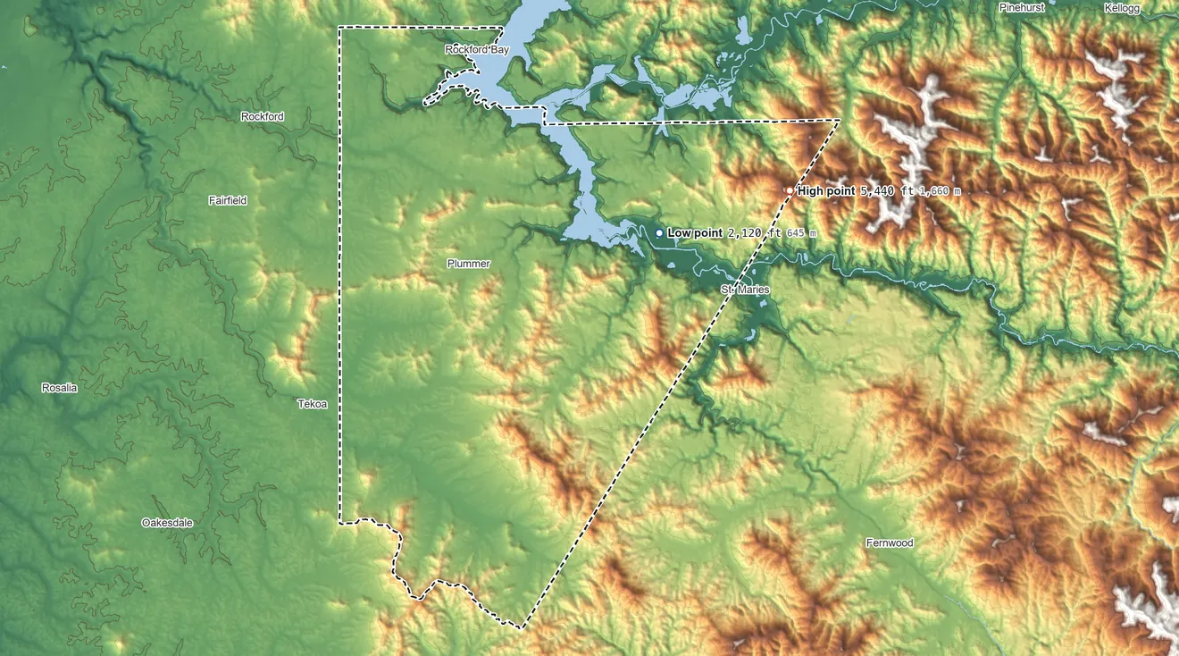 Topographic elevation map of Coeur d'Alene Reservation, Idaho, shaded from 2,120 ft on the northeast side to 5,440 ft on Round Top