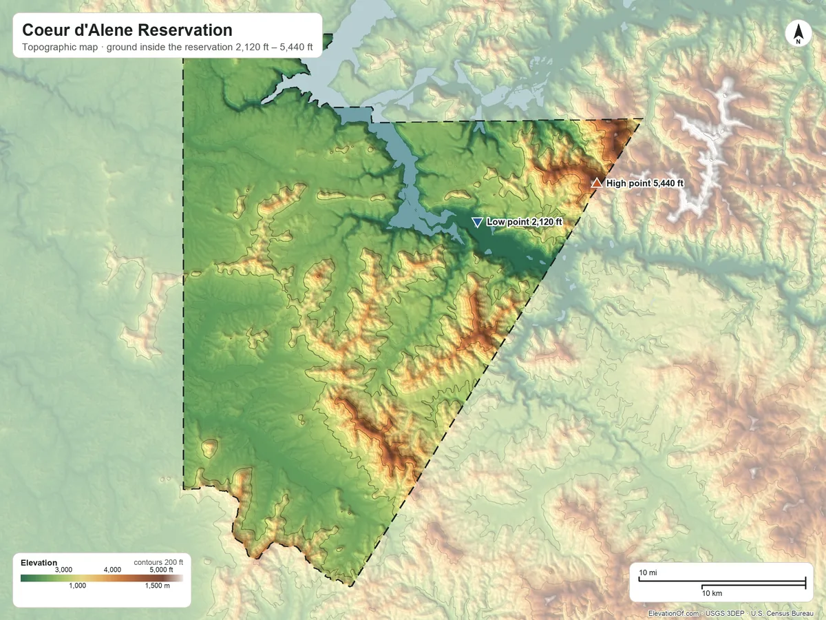 Topographic elevation map of Coeur d'Alene Reservation, Idaho, shaded from 2,120 ft on the northeast side to 5,440 ft on Round Top