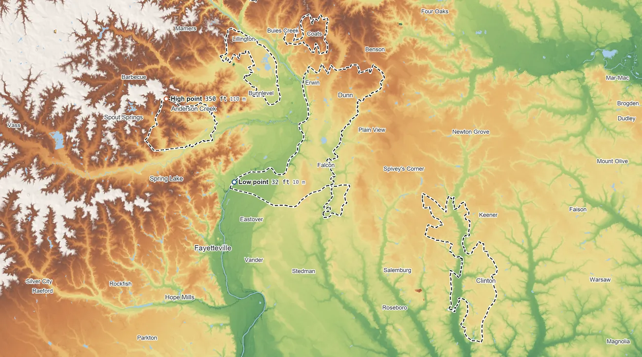 Topographic elevation map of Coharie SDTSA, North Carolina, shaded from 32 ft on the west side to 350 ft on the northwest side