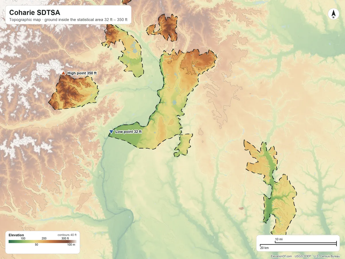 Topographic elevation map of Coharie SDTSA, North Carolina, shaded from 32 ft on the west side to 350 ft on the northwest side