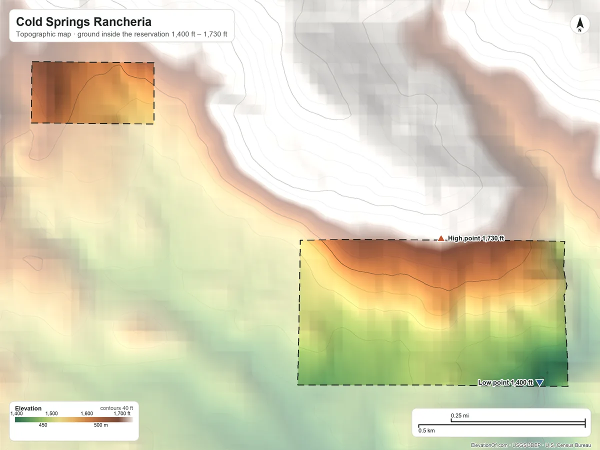 Topographic elevation map of Cold Springs Rancheria, California, shaded from 1,400 ft on the southeast side to 1,730 ft on the east side