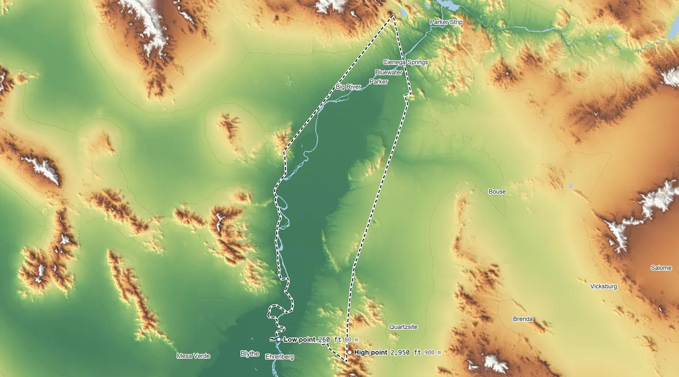 Topographic elevation map of Colorado River Indian Reservation, Arizona, shaded from 260 ft on the south side to 2,950 ft on Sawtooth Mountain