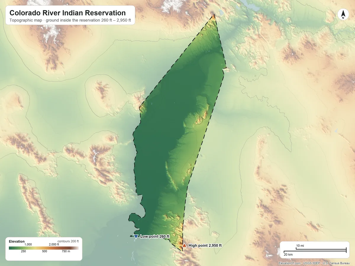 Topographic elevation map of Colorado River Indian Reservation, Arizona, shaded from 260 ft on the south side to 2,950 ft on Sawtooth Mountain