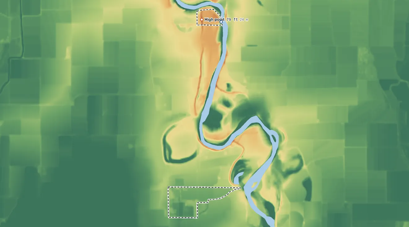 Topographic elevation map of Colusa Rancheria, California, shaded from 55 ft on the north side to 79 ft on the north side