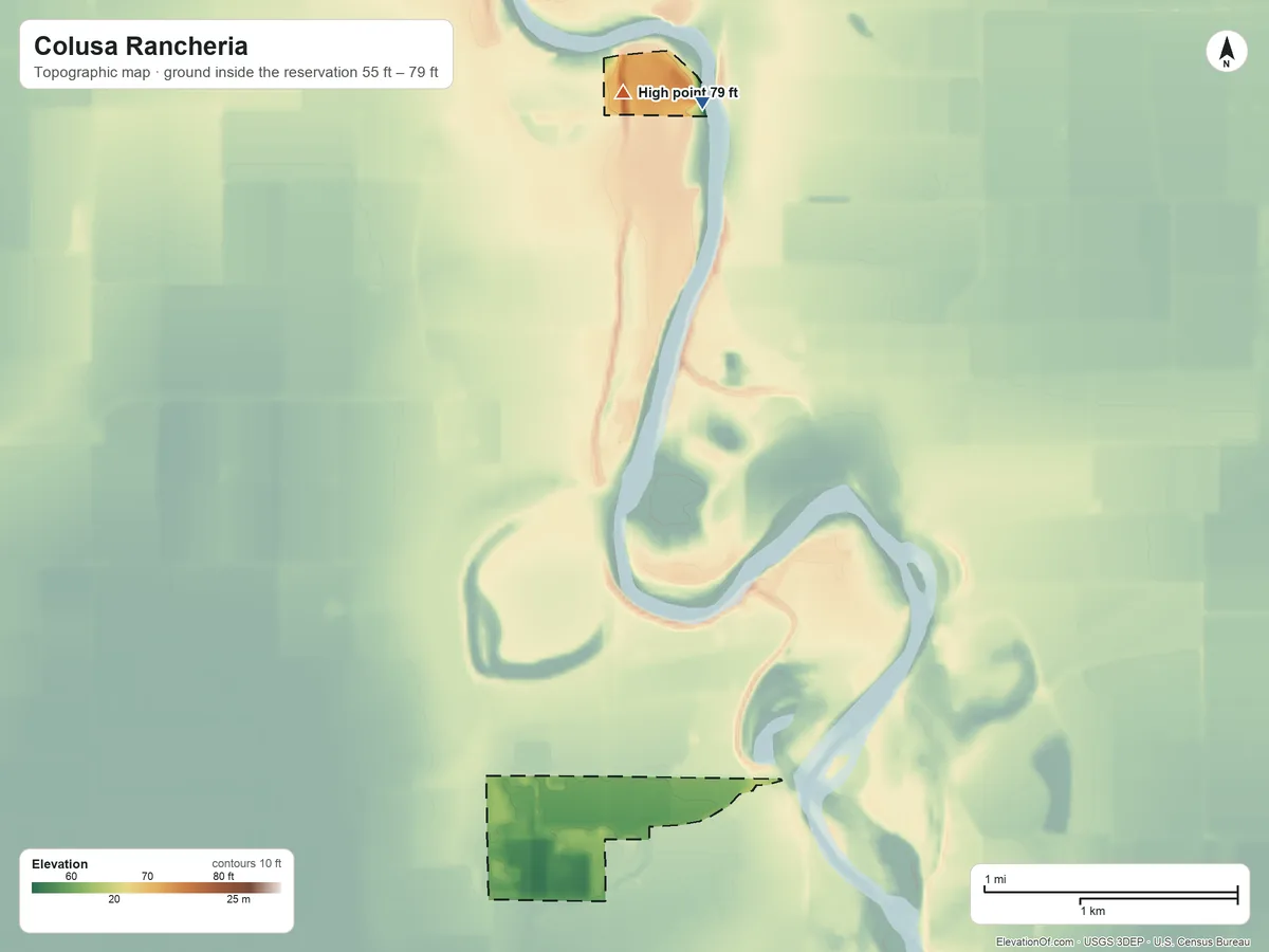 Topographic elevation map of Colusa Rancheria, California, shaded from 55 ft on the north side to 79 ft on the north side