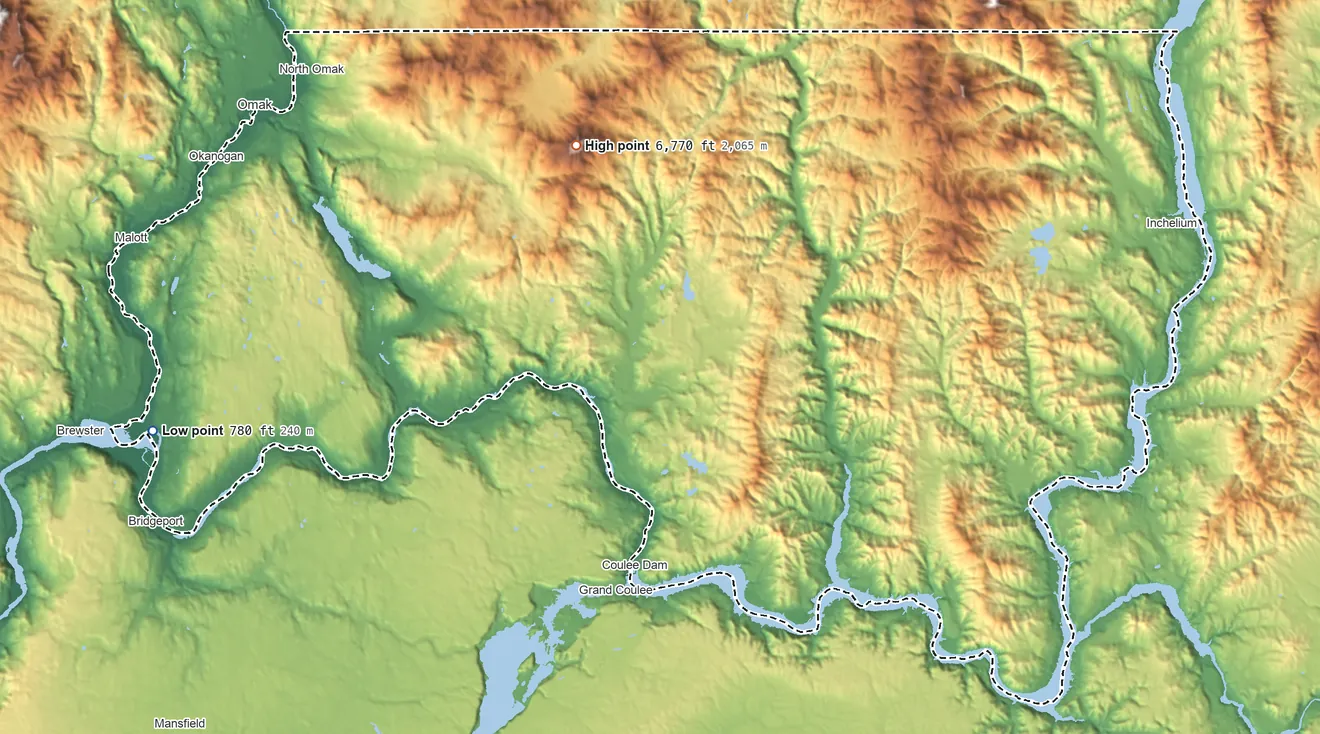 Topographic elevation map of Colville Reservation, Washington, shaded from 780 ft on the west side to 6,770 ft on Moses Mountain