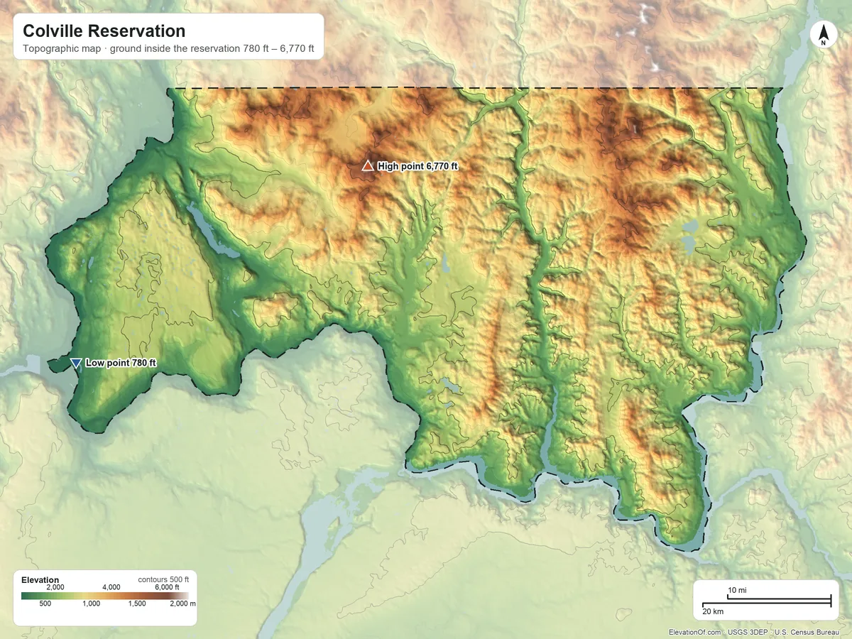 Topographic elevation map of Colville Reservation, Washington, shaded from 780 ft on the west side to 6,770 ft on Moses Mountain