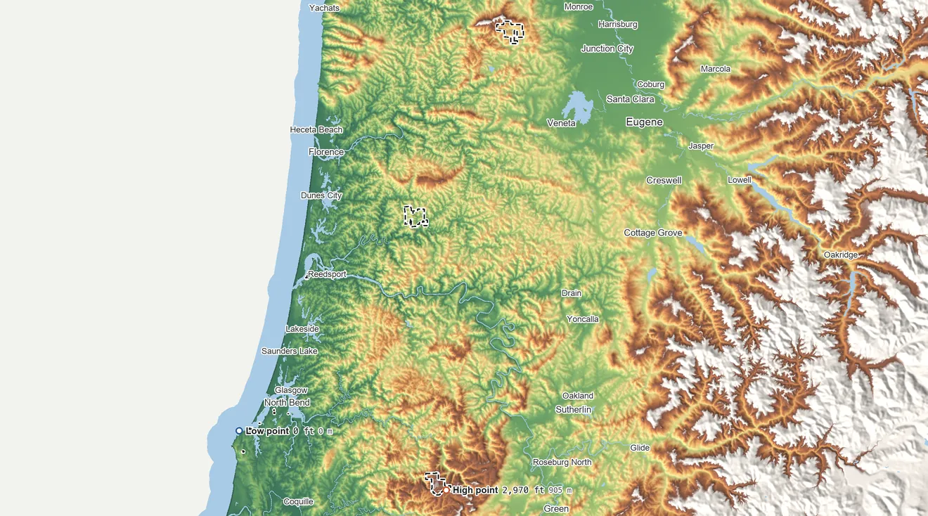 Topographic elevation map of Coos, Lower Umpqua, and Siuslaw Reservation, Oregon, shaded from sea level on the Pacific Ocean to 2,970 ft on the south side