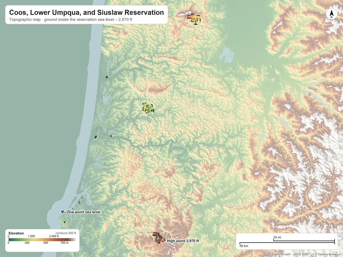 Topographic elevation map of Coos, Lower Umpqua, and Siuslaw Reservation, Oregon, shaded from sea level on the Pacific Ocean to 2,970 ft on the south side