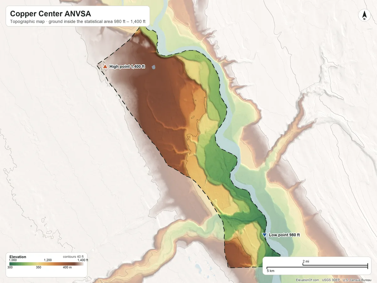 Topographic elevation map of Copper Center ANVSA, Alaska, shaded from 980 ft on the southeast side to 1,400 ft on the northwest side