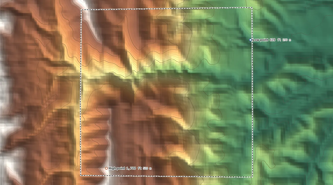 Topographic elevation map of Cortina Indian Rancheria, California, shaded from 620 ft on the northeast side to 1,700 ft on the southwest side