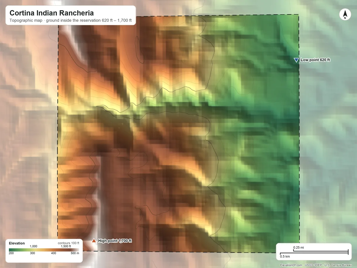 Topographic elevation map of Cortina Indian Rancheria, California, shaded from 620 ft on the northeast side to 1,700 ft on the southwest side