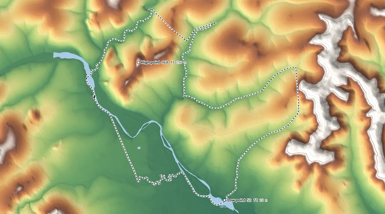 Topographic elevation map of Council ANVSA, Alaska, shaded from 52 ft on the south side to 960 ft on the northwest side