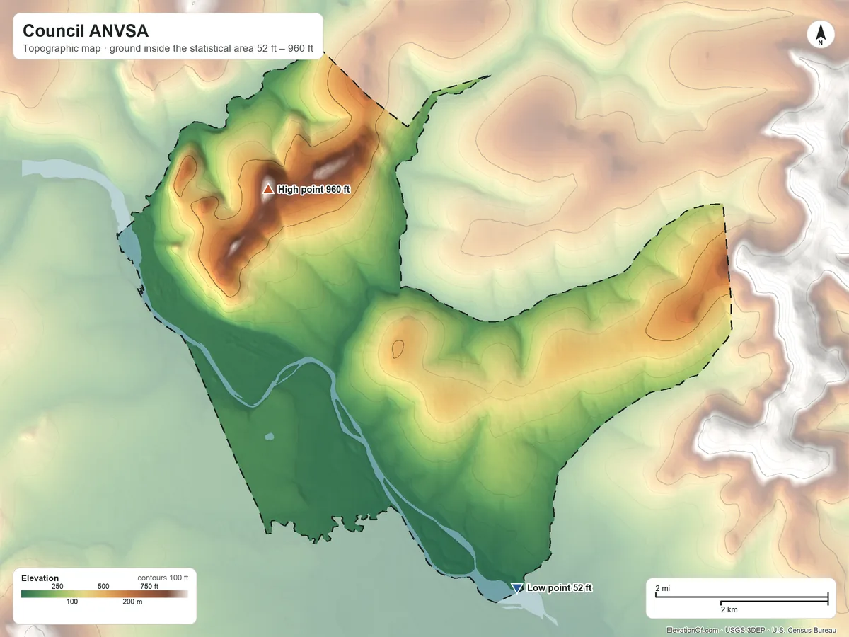 Topographic elevation map of Council ANVSA, Alaska, shaded from 52 ft on the south side to 960 ft on the northwest side