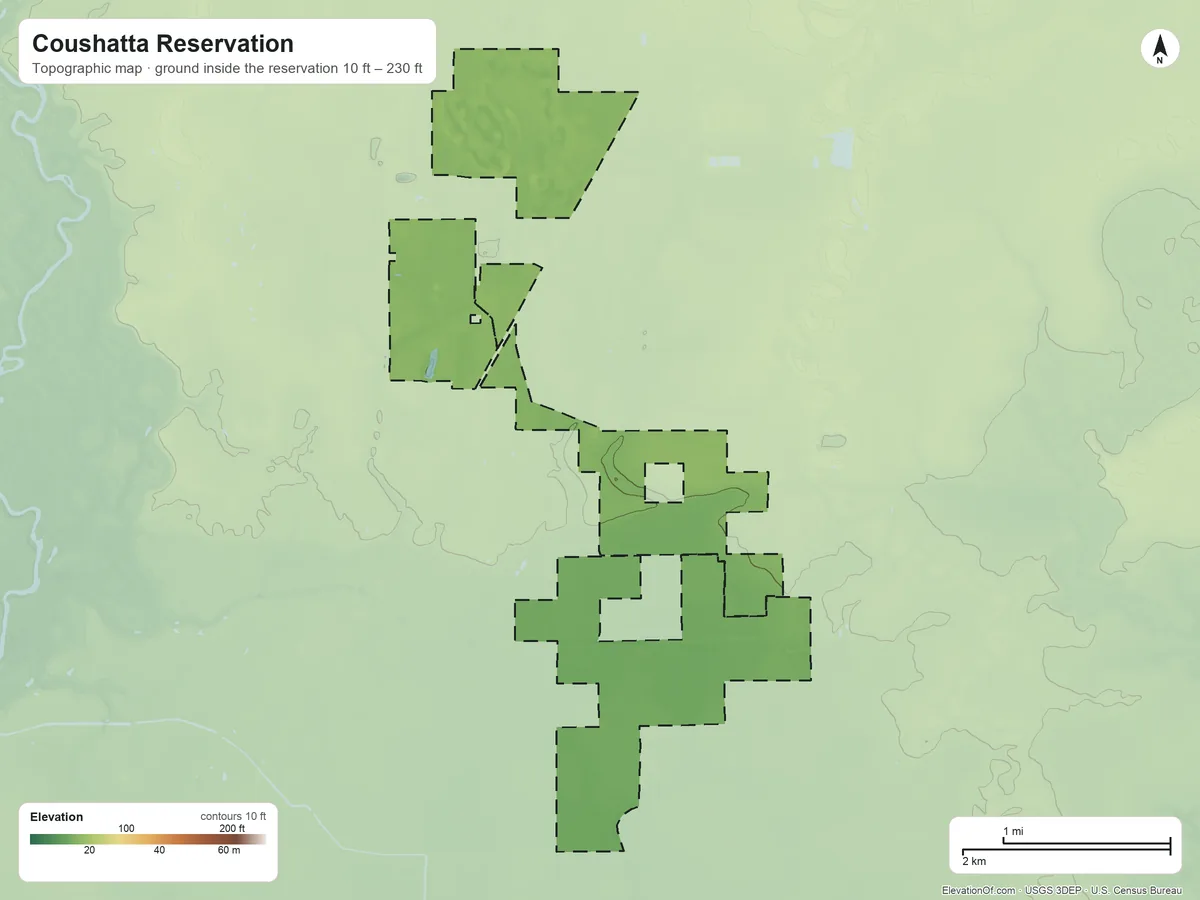 Topographic elevation map of Coushatta Reservation, Louisiana, shaded from 10 ft on the southwest side to 230 ft on the north side