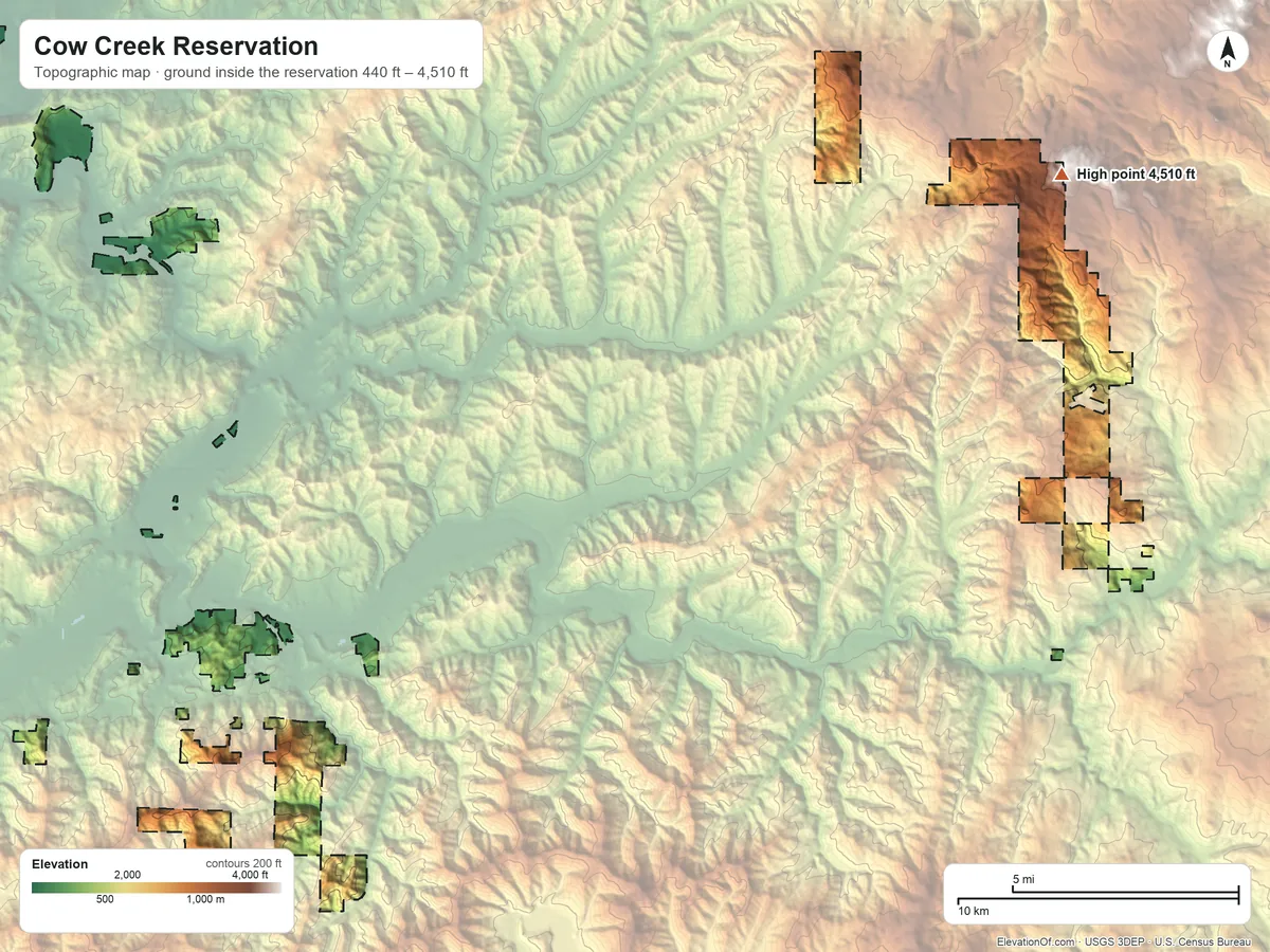Topographic elevation map of Cow Creek Reservation, Oregon, shaded from 440 ft on the northwest side to 4,510 ft on the northeast side