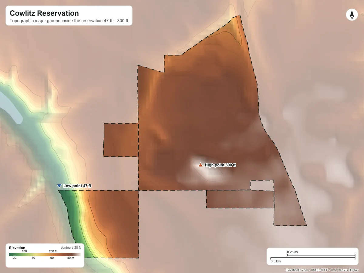 Topographic elevation map of Cowlitz Reservation, Washington, shaded from 47 ft on the west side to 300 ft near the middle