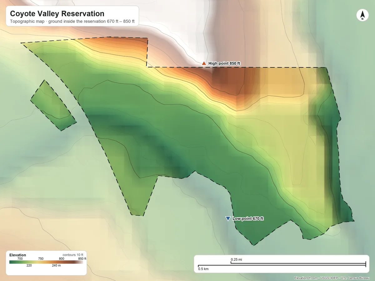 Topographic elevation map of Coyote Valley Reservation, California, shaded from 670 ft on the southeast side to 850 ft on the north side