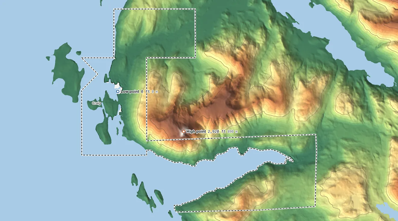 Topographic elevation map of Craig ANVSA, Alaska, shaded from sea level on Crab Bay to 2,920 ft on Sunny Hay Mountain