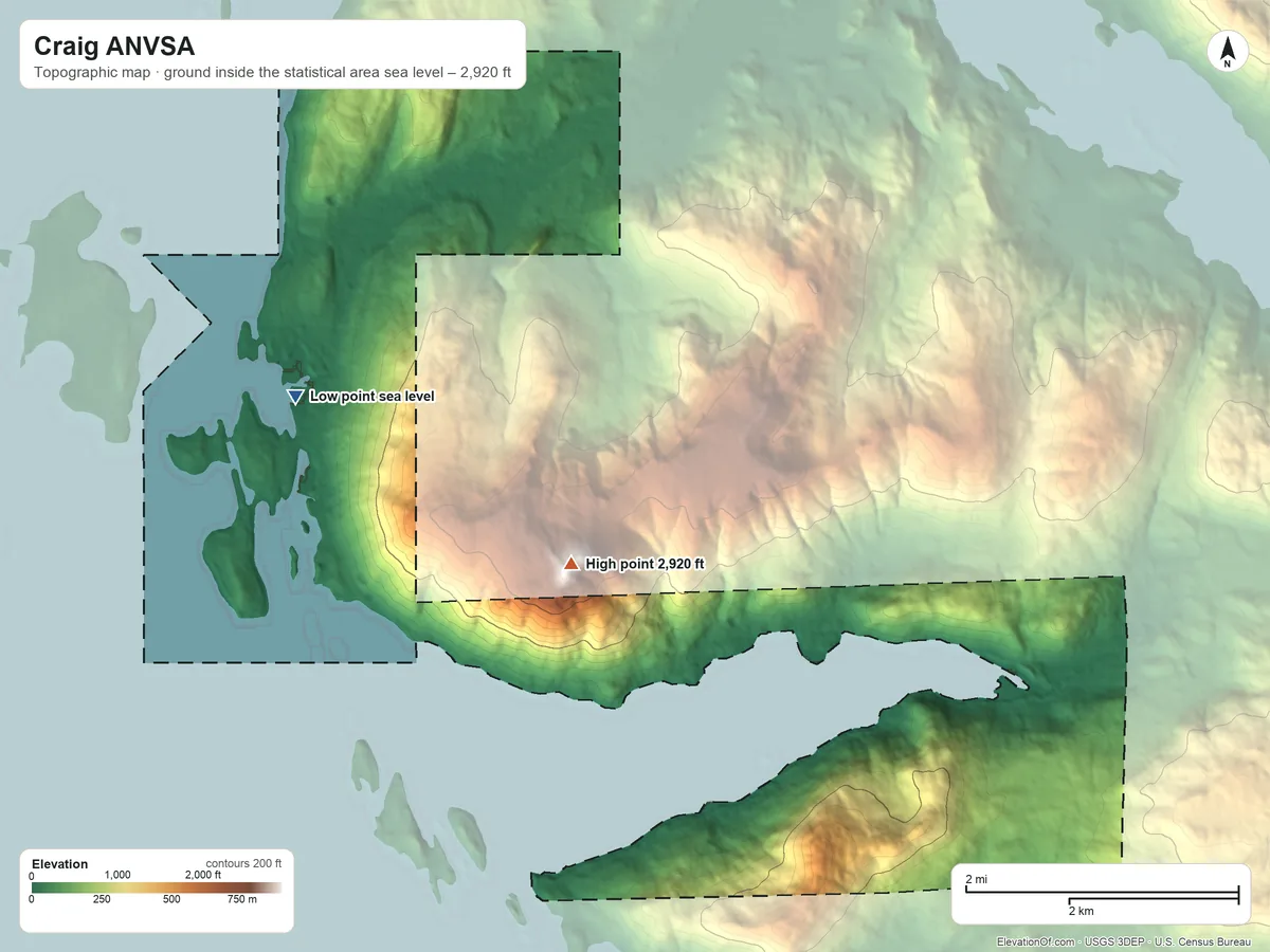 Topographic elevation map of Craig ANVSA, Alaska, shaded from sea level on Crab Bay to 2,920 ft on Sunny Hay Mountain