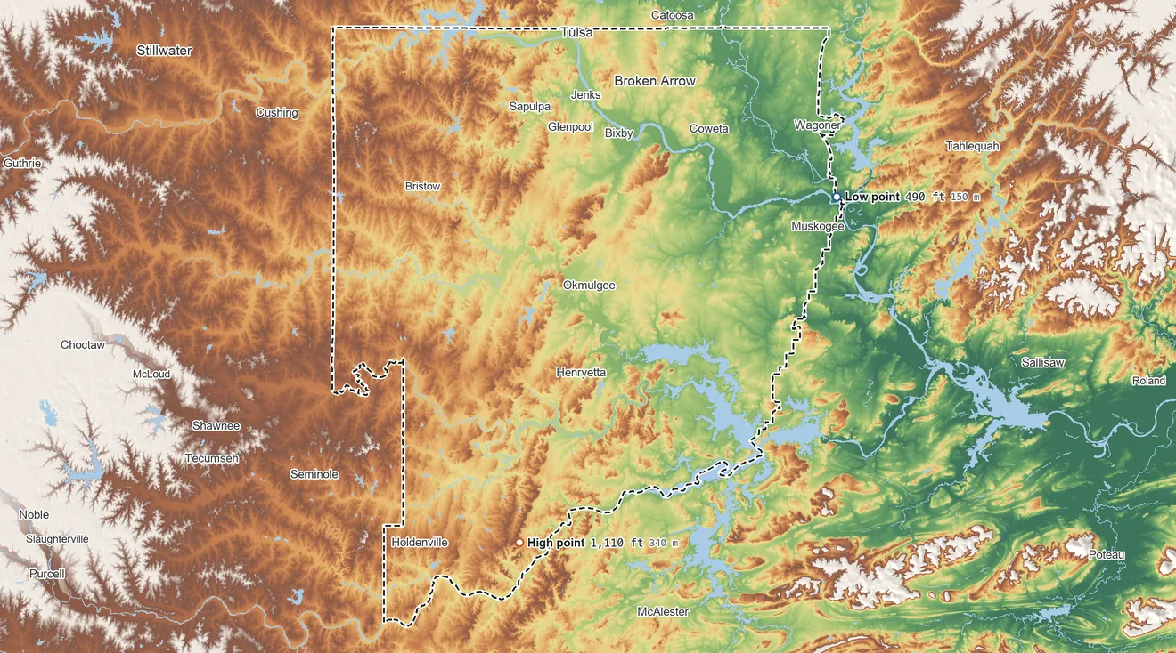 Topographic elevation map of Creek OTSA, Oklahoma, shaded from 490 ft on the northeast side to 1,110 ft on Lamar Mountain
