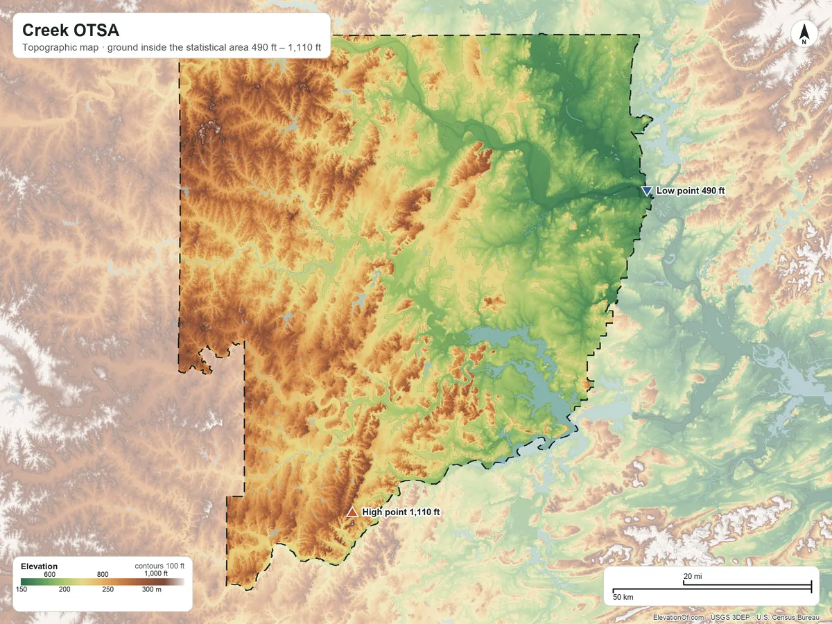 Topographic elevation map of Creek OTSA, Oklahoma, shaded from 490 ft on the northeast side to 1,110 ft on Lamar Mountain