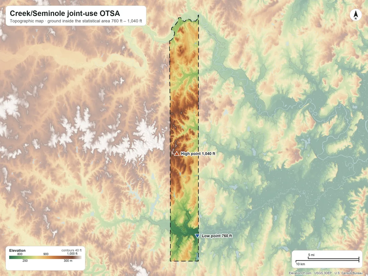 Topographic elevation map of Creek/Seminole joint-use OTSA, Oklahoma, shaded from 760 ft on the south side to 1,040 ft near the middle