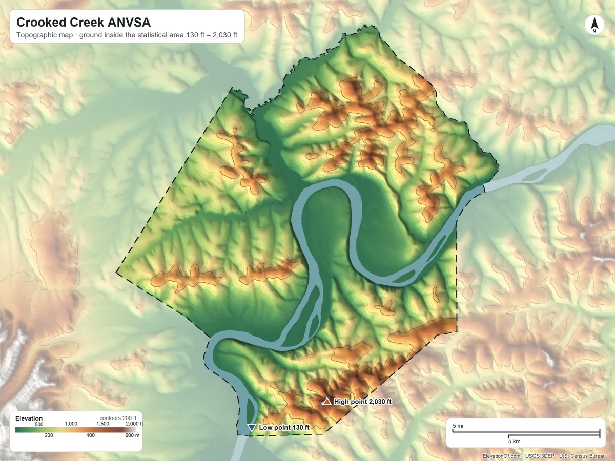 Topographic elevation map of Crooked Creek ANVSA, Alaska, shaded from 130 ft on the south side to 2,030 ft on Canoe Mountain