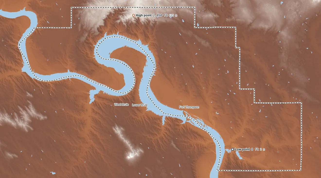 Topographic elevation map of Crow Creek Reservation, South Dakota, shaded from 8 ft on the southeast side to 2,090 ft on the north side