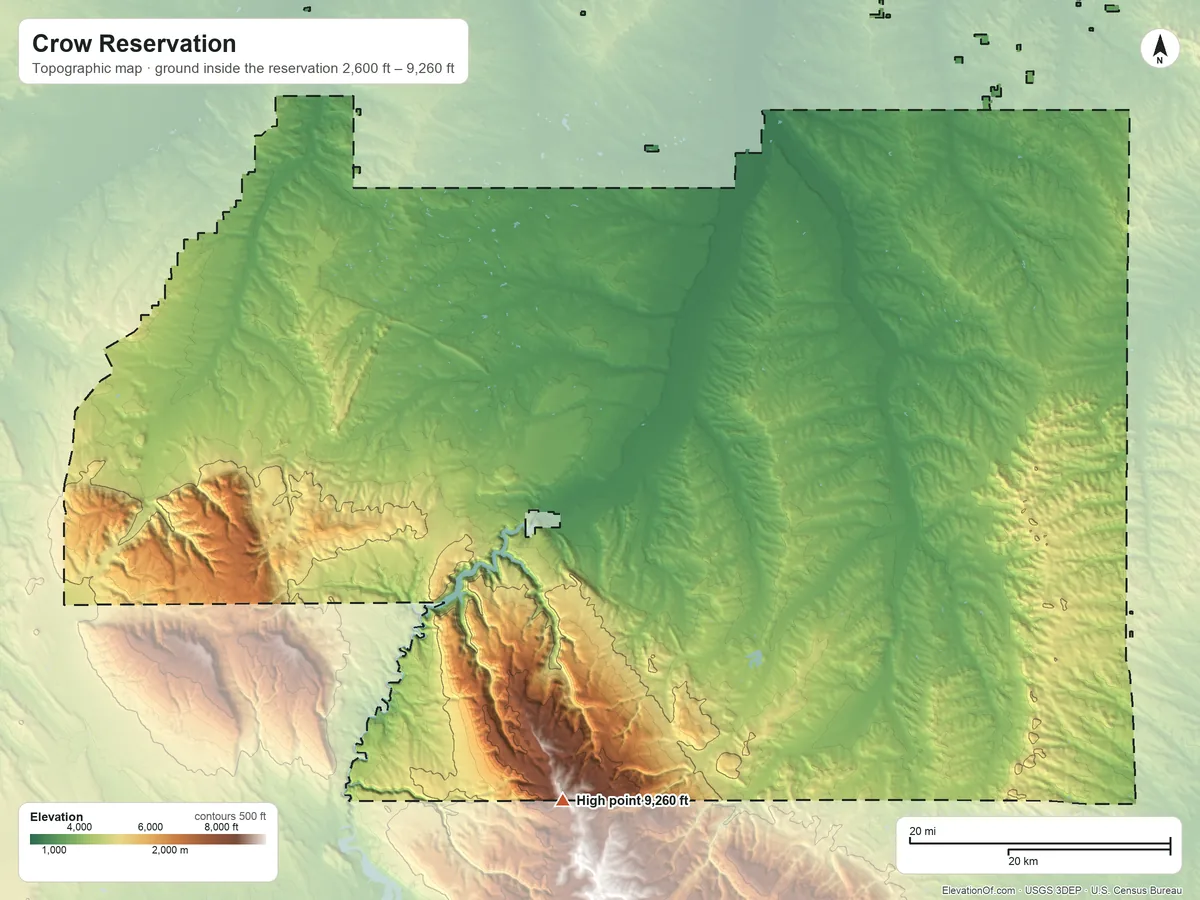 Topographic elevation map of Crow Reservation, Montana, shaded from 2,600 ft on the northeast side to 9,260 ft on the south side