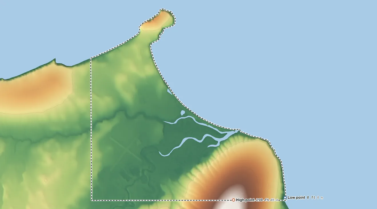 Topographic elevation map of Deering ANVSA, Alaska, shaded from sea level on Kotzebue Sound to 290 ft on the southeast side