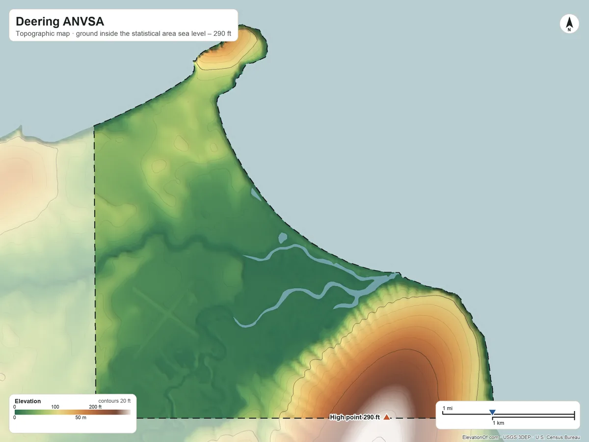 Topographic elevation map of Deering ANVSA, Alaska, shaded from sea level on Kotzebue Sound to 290 ft on the southeast side