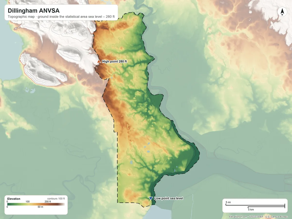 Topographic elevation map of Dillingham ANVSA, Alaska, shaded from sea level on Nushagak Bay to 280 ft on the northwest side