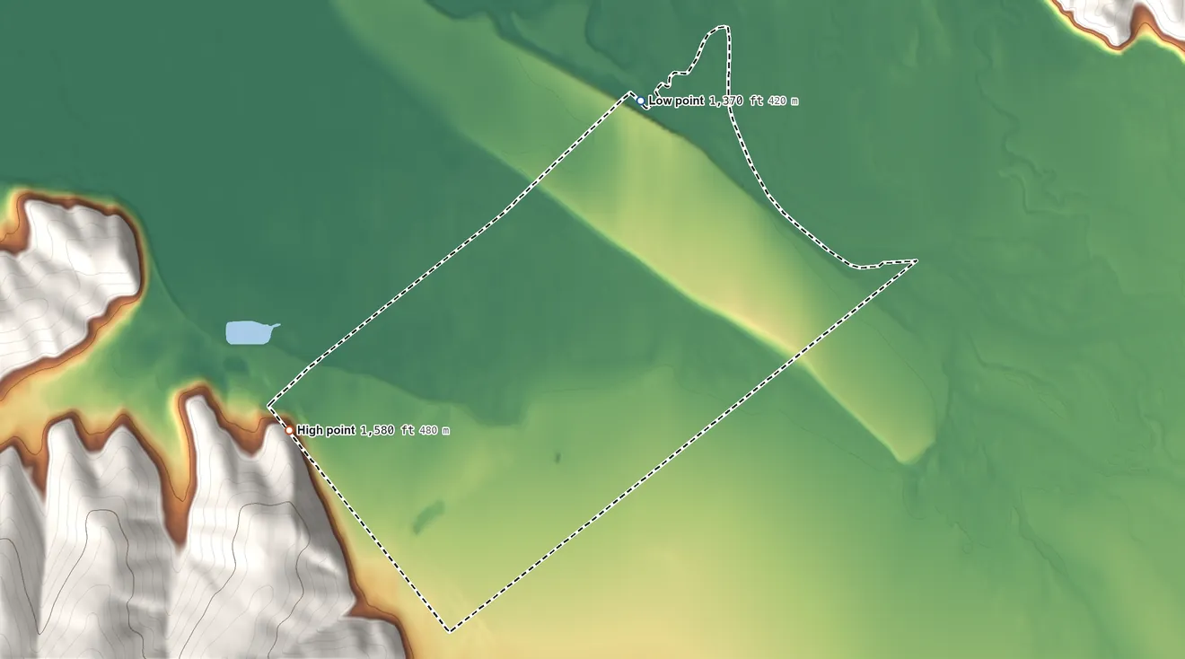 Topographic elevation map of Dot Lake ANVSA, Alaska, shaded from 1,370 ft on the north side to 1,580 ft on the west side
