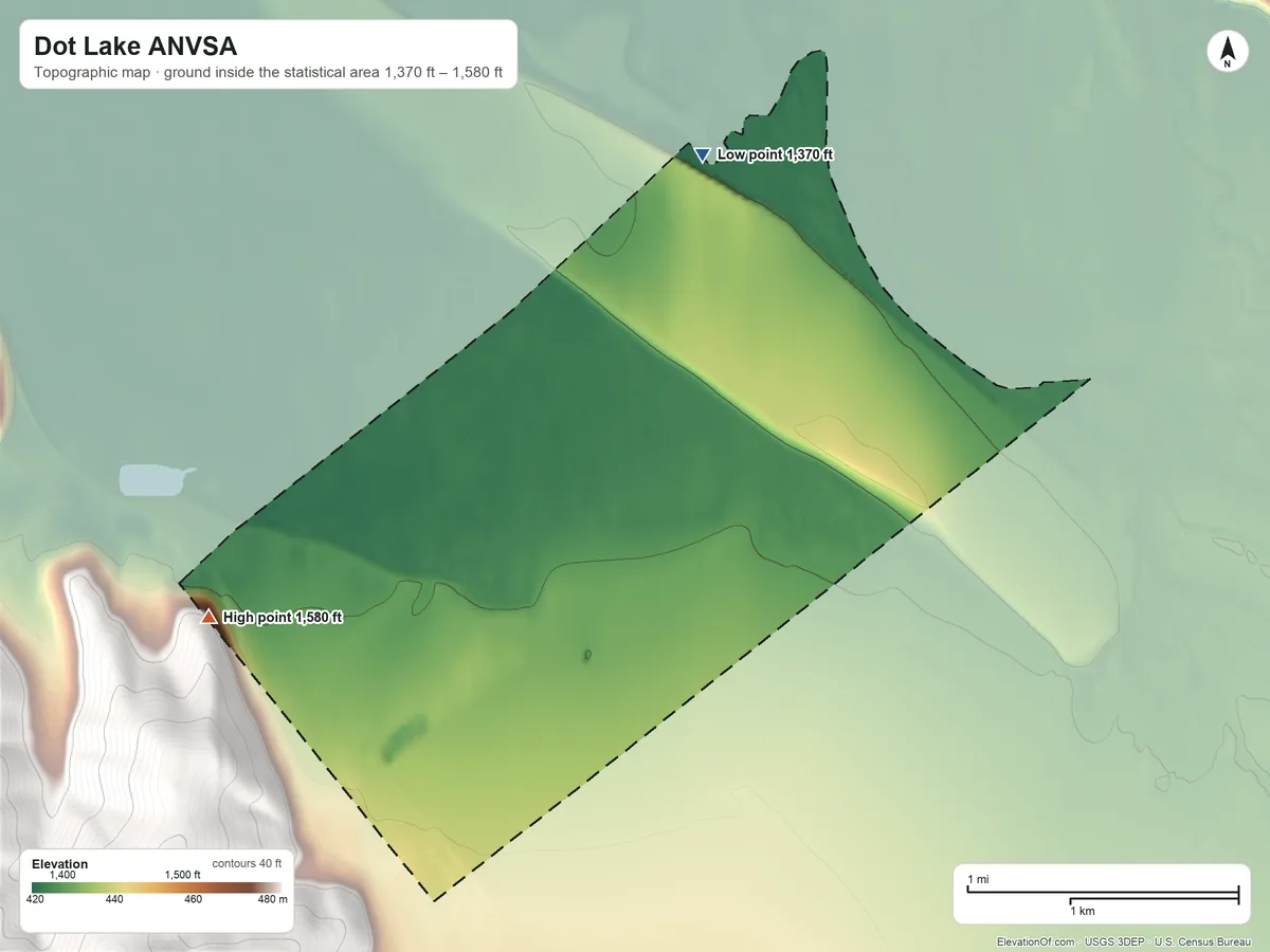 Topographic elevation map of Dot Lake ANVSA, Alaska, shaded from 1,370 ft on the north side to 1,580 ft on the west side