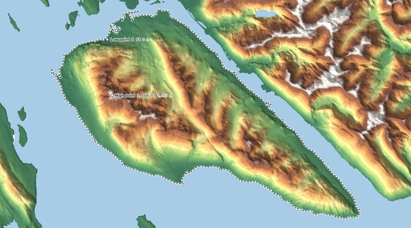 Topographic elevation map of Douglas ANVSA, Alaska, shaded from sea level on Fritz Cove to 3,460 ft on the west side
