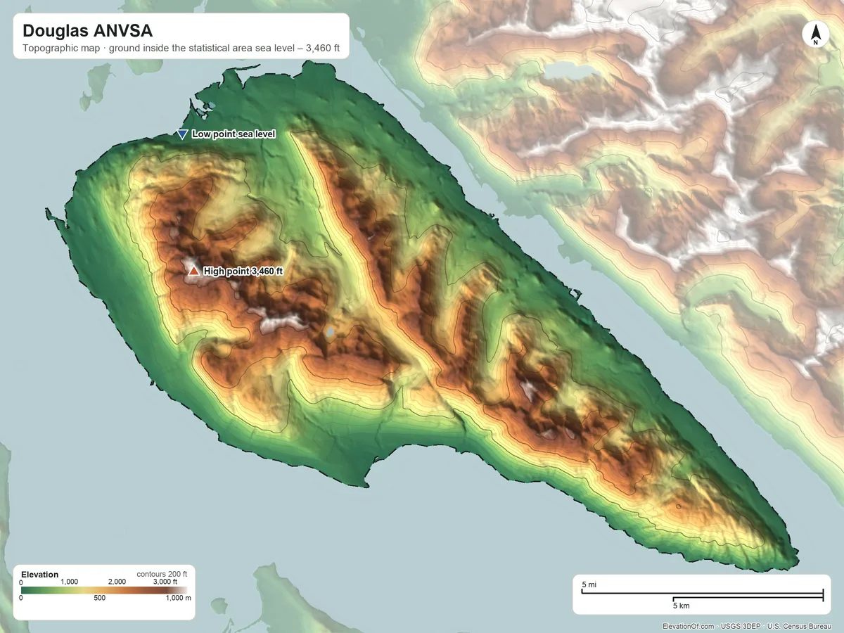 Topographic elevation map of Douglas ANVSA, Alaska, shaded from sea level on Fritz Cove to 3,460 ft on the west side