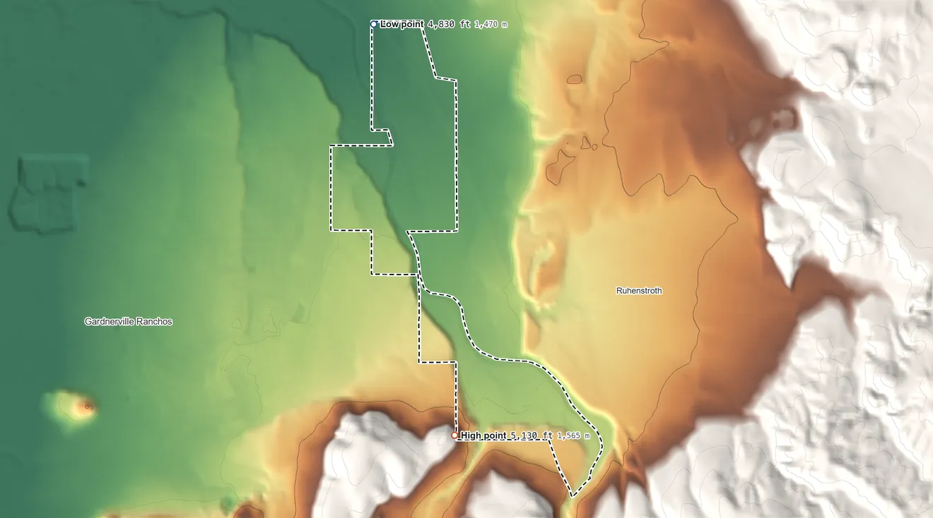 Topographic elevation map of Dresslerville Colony, Nevada, shaded from 4,830 ft on the north side to 5,130 ft on the south side